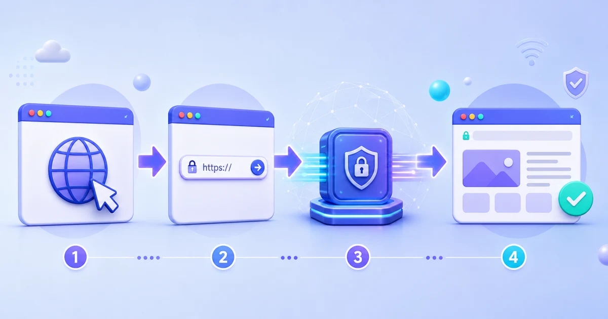 A no-download website unblocker workflow: open the browser, enter a URL, route through a secure proxy gateway, and load the unblocked webpage.