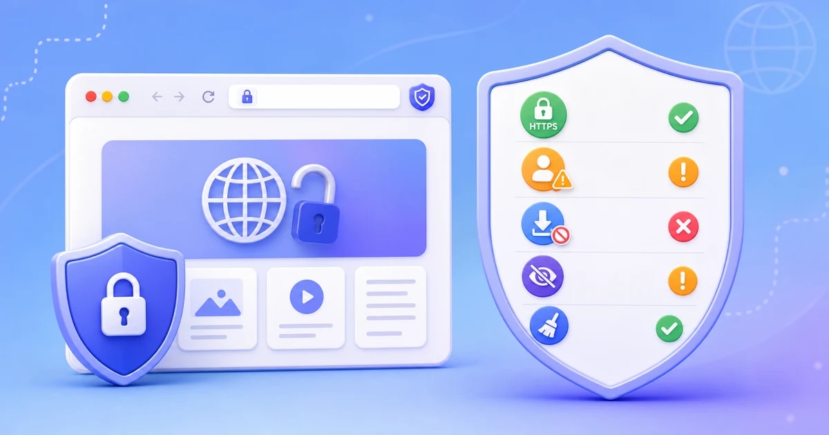 A website unblocker safety checklist with icons for HTTPS, login caution, downloads, private information, and clearing the session.